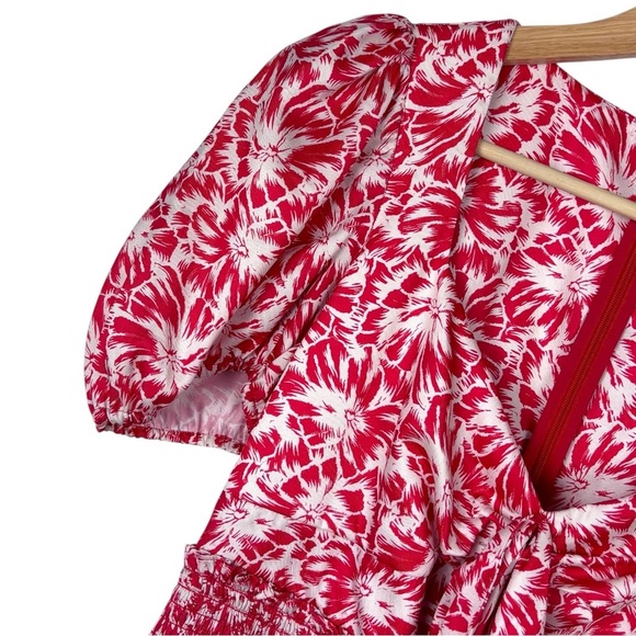 LIKELY AVRA BITTERSWEET & WHITE FLORAL SMOCK WAIST PUFF SLEEVE V NECK MIDI DRESS - Picture 12 of 15